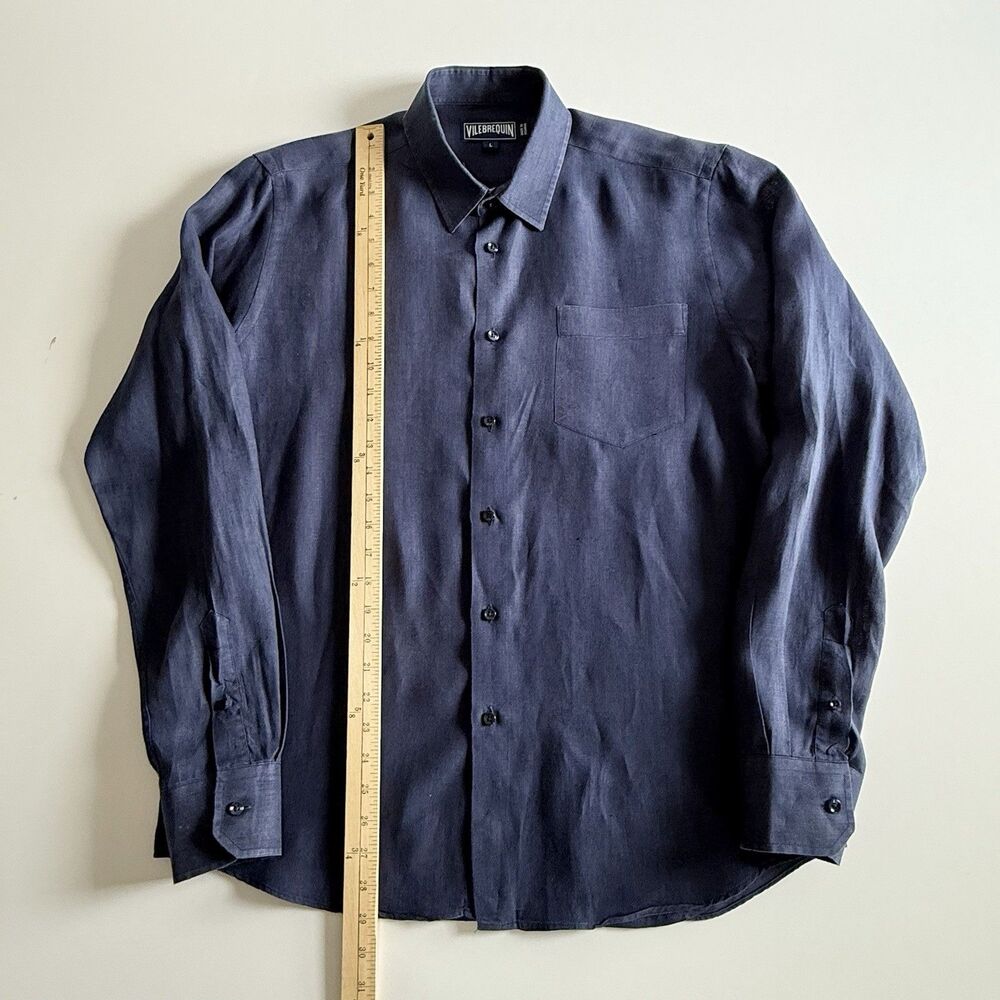 Vilebrequin Button-Up Long Sleeve Shirt Men's Large Blue Linen Coastal Tropical - Picture 9 of 16